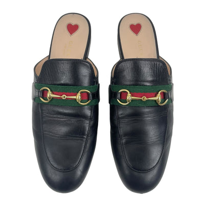 Gucci Princetown Leather Horsebit Web Mules Slipper Black Size 39