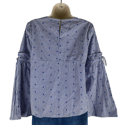 Tanya Taylor Bell Sleeve Dot Embroidery & Stripe Top Martine Blue Size 0