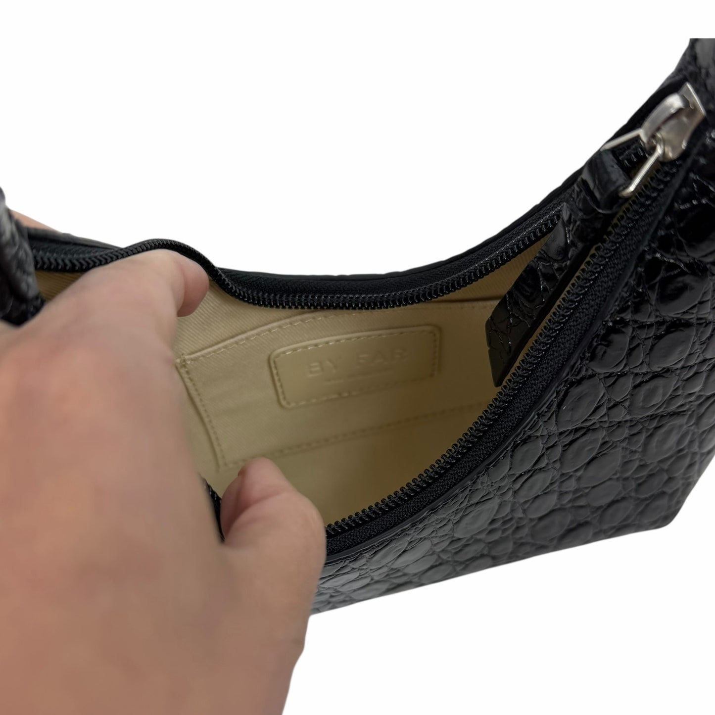 By Far Baby Amber Bag Black Circular Croco Embossed Leather Handbag