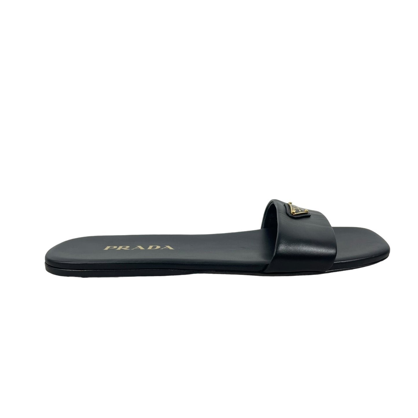 Prada Logo Enamel Plaque Flat Leather Slide Sandal Black Size 37.5