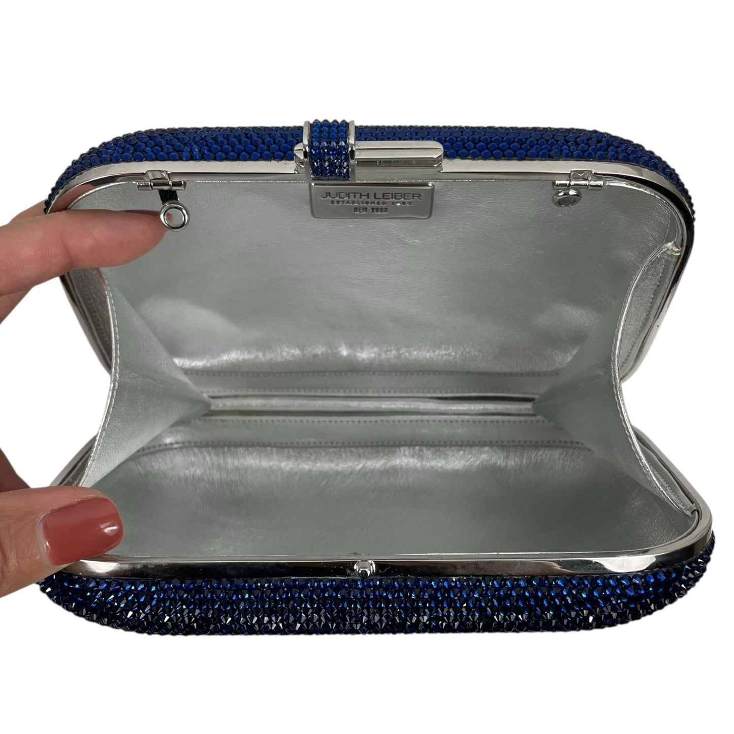 Judith Leiber Crystal Slide Lock Box Minaudiere Clutch Bag Navy Silver