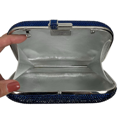 Judith Leiber Crystal Slide Lock Box Minaudiere Clutch Bag Navy Silver