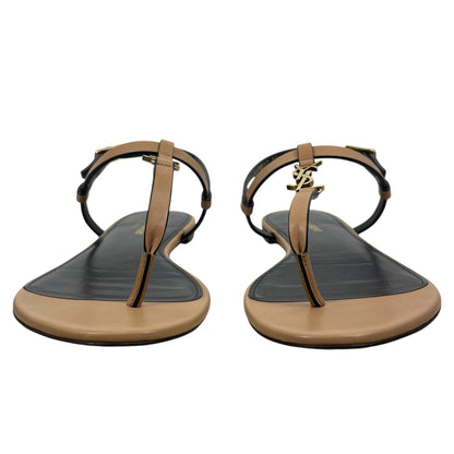 Saint Laurent Cassandra Logo Leather Slingback Thong Sandal Tan Size 38