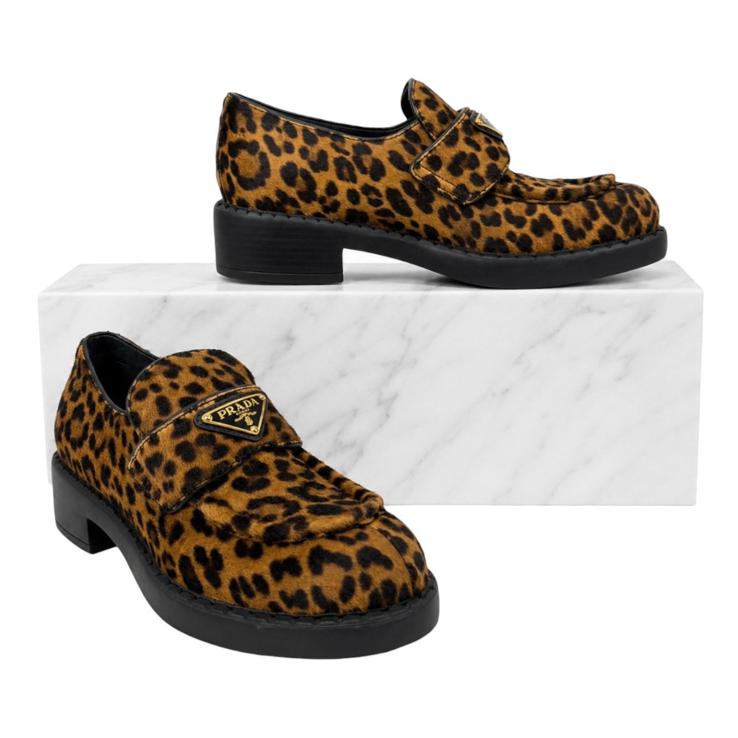 Prada Enamel Triangel Logo Leopard Printed Leather Loafer Brown Size 38.5