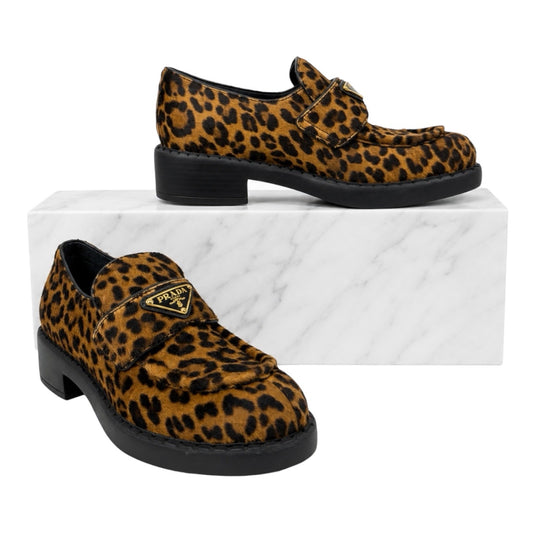 Prada Enamel Triangel Logo Leopard Printed Leather Loafer Brown Size 38.5