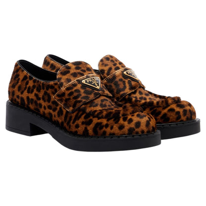 Prada Enamel Triangel Logo Leopard Printed Leather Loafer Brown Size 38.5