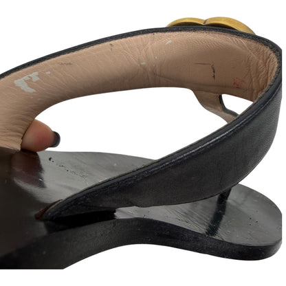 Gucci Black Leather Thong Sandal Gold Double G Logo Size 38.5