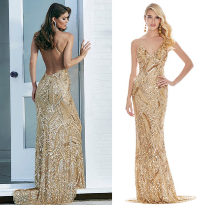 Ashley Lauren Sequin Open Back Evening Gown Formal Dress Gold Size 6