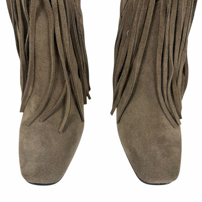 Dolce Vita Giano Fringed Knee High Heeled Boots Olive Suede Size 7.5