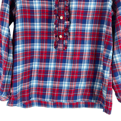 J. Crew Mercantile Flannel Plaid Popover Shirt Top Ruffle Blue Red Size XS