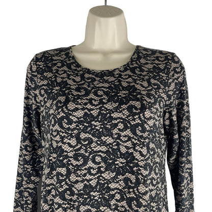 J. Jill Lace Print Long Sleeve Tunic Top Black Tan Size XS