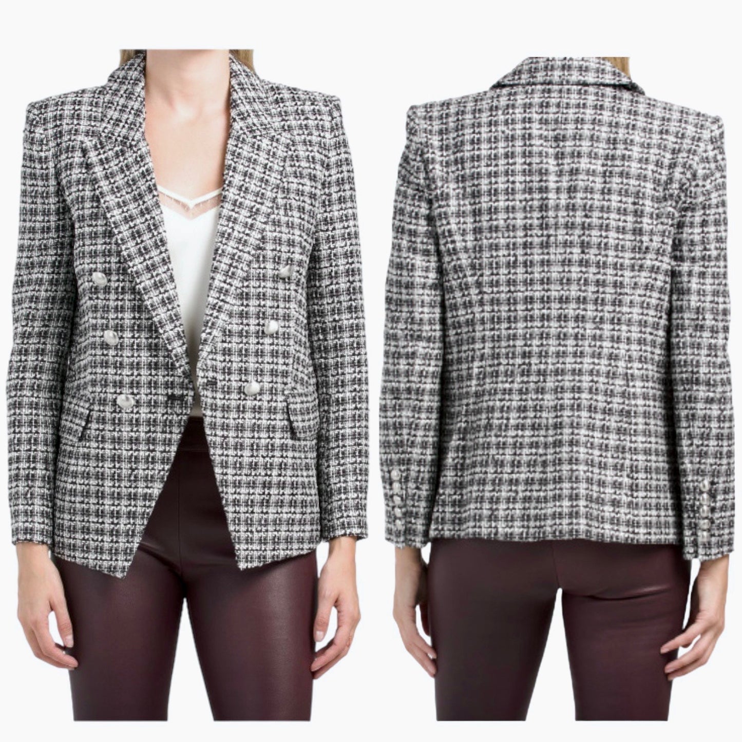 Elie Tahari Double Breasted Tweed Novelty Blazer Jacket Black White Size L