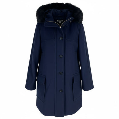 Ann Taylor Weekend Collection Faux Fur Trim Wool Duffle Coat Blue Size M