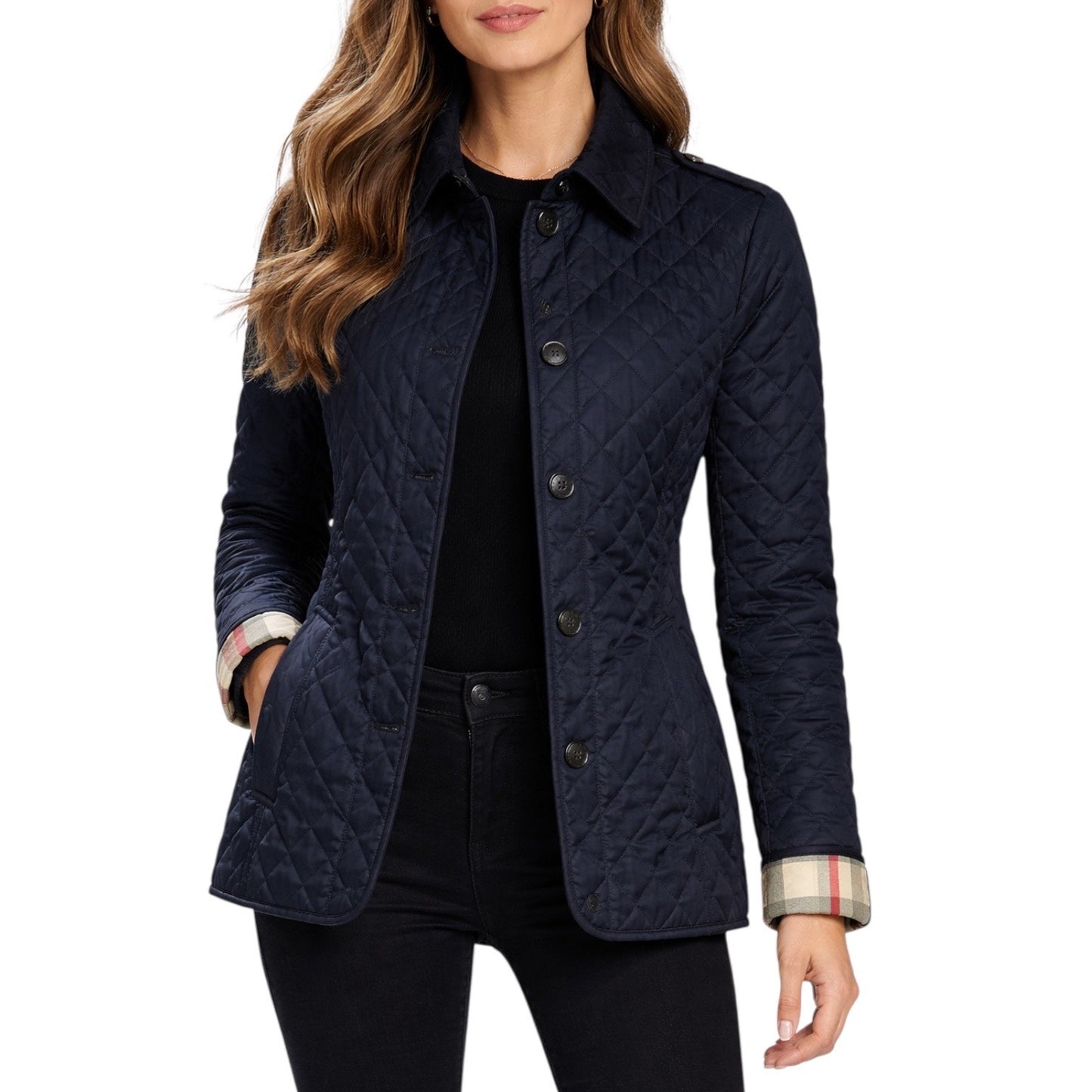 Burberry Ashurst Diamond Quilted Jacket Check Lining Dark Blue Size XS