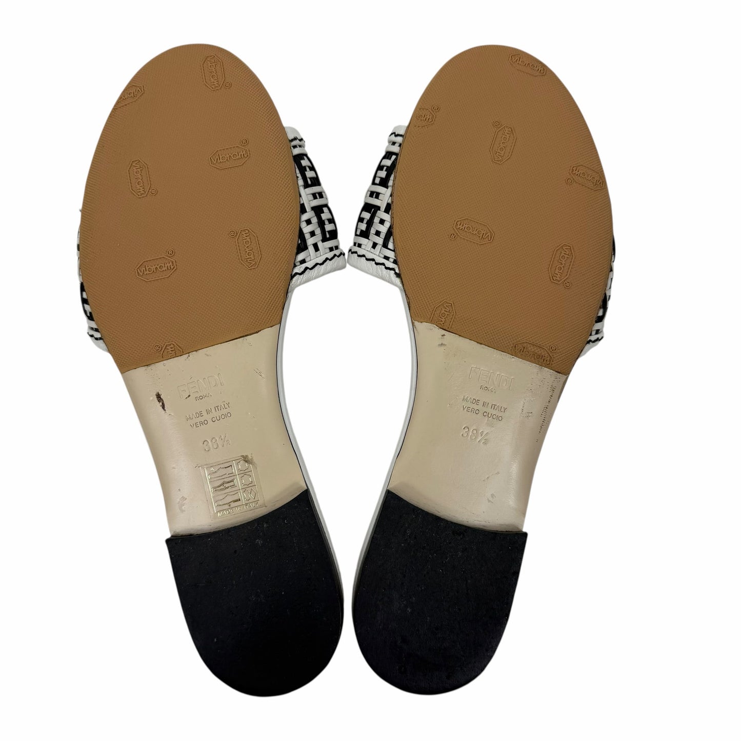 Fendi Rafia Weave Logo Leather Slide Sandal White Black Size 38.5