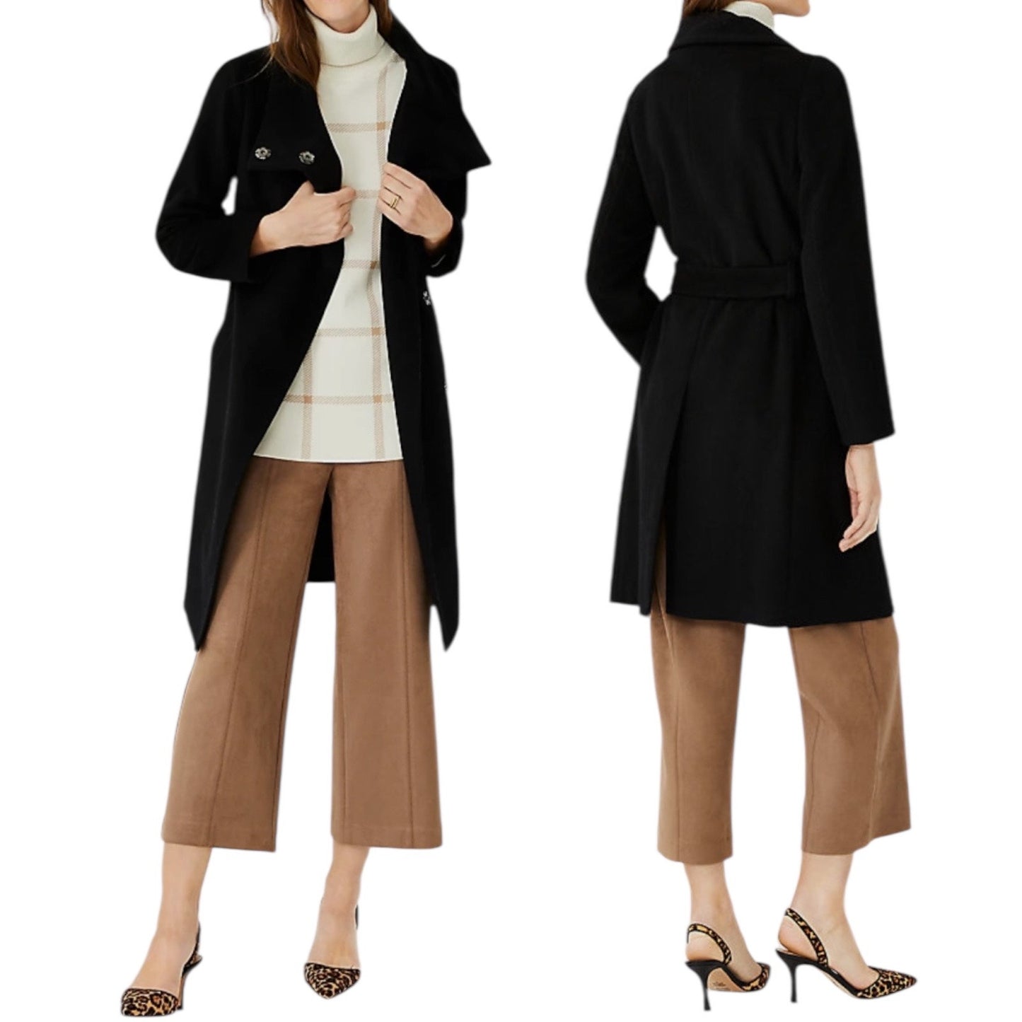 Ann Taylor Funnel Neck Wool Blend Belted Coat Black Size XSP