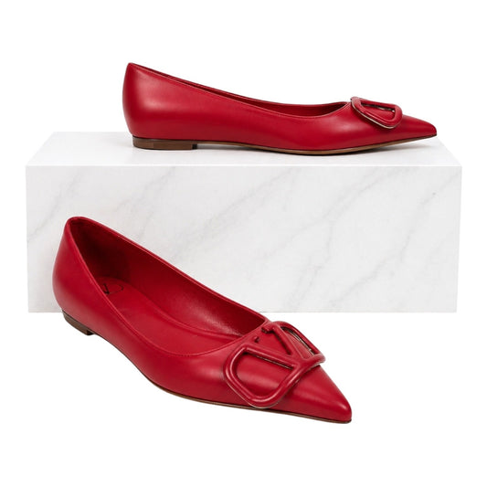 Valentino Garavani Vlogo Pointed Toe Nappa Leather Flats Red Size 36