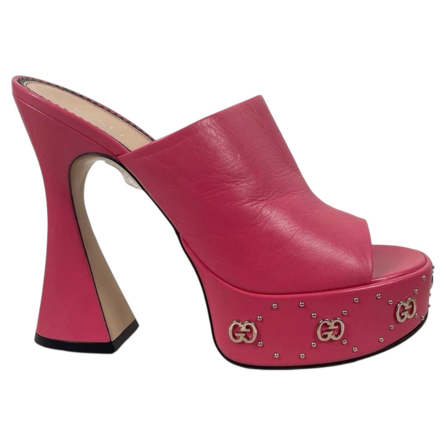 Gucci GG Studs Leather Platform Slide Sandal Rhodamine Pink Size 40
