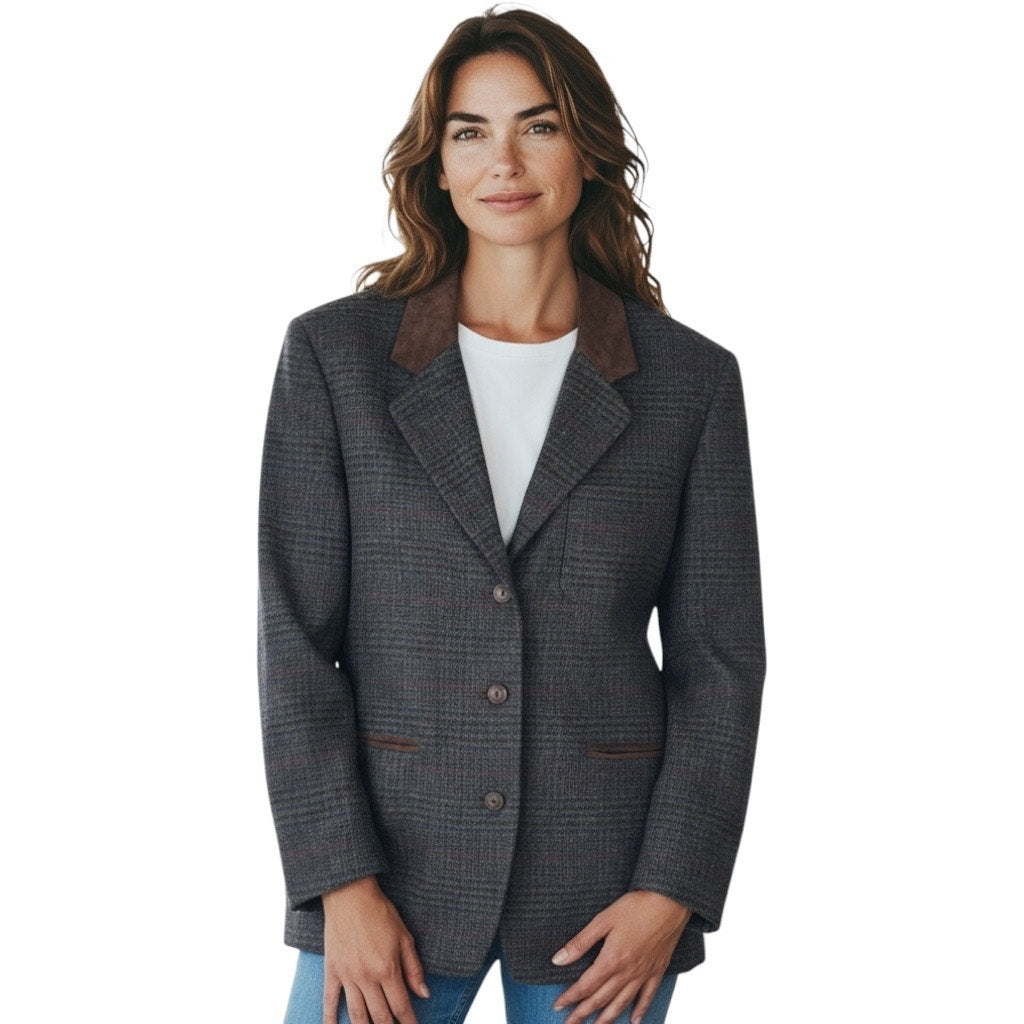Express Suede Collar Wool Plaid Blazer Jacket Suede Gray Brown Size L