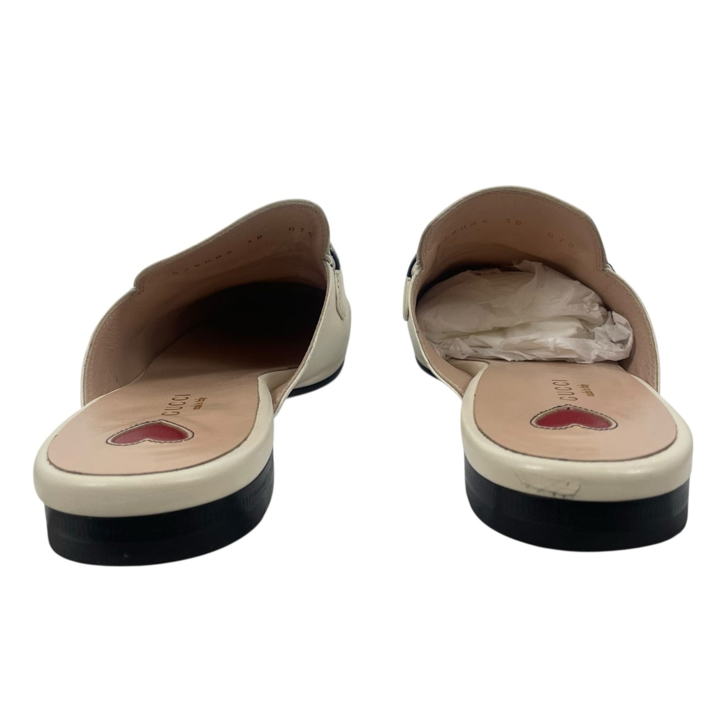 Gucci Princetown Web Leather Slide Mules Gold Horsebit White Size 38