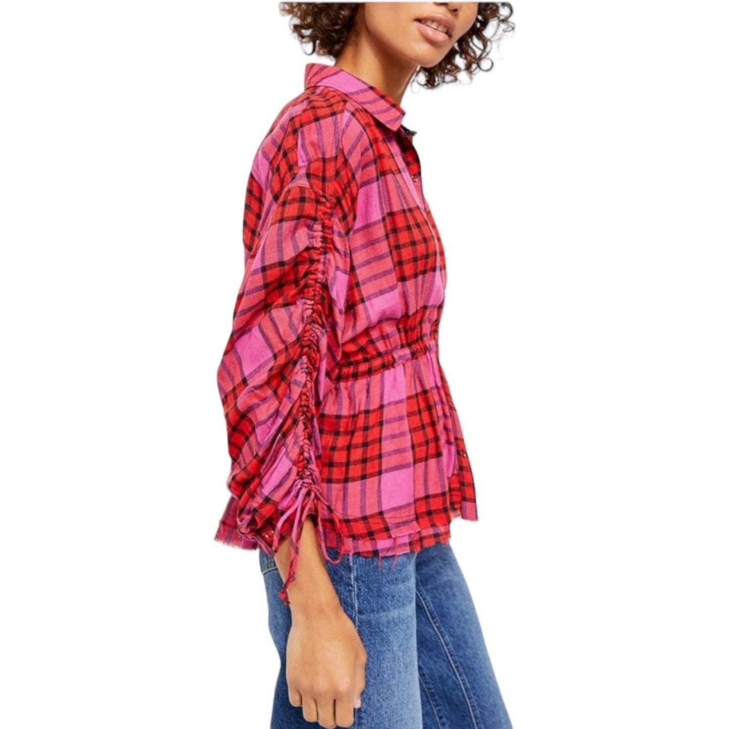 Free People Pacific Dawn Wool Plaid Shirt Red Pink Drawstring Size S