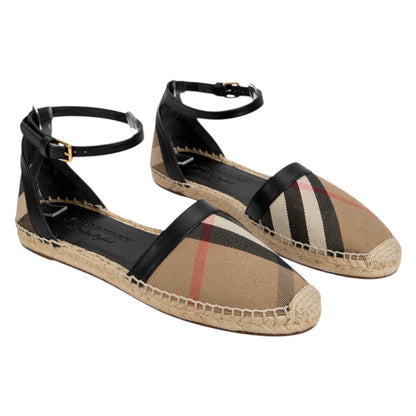Burberry Abbington Nova Check Ankle Strap Espadrille Flats Black Size 41