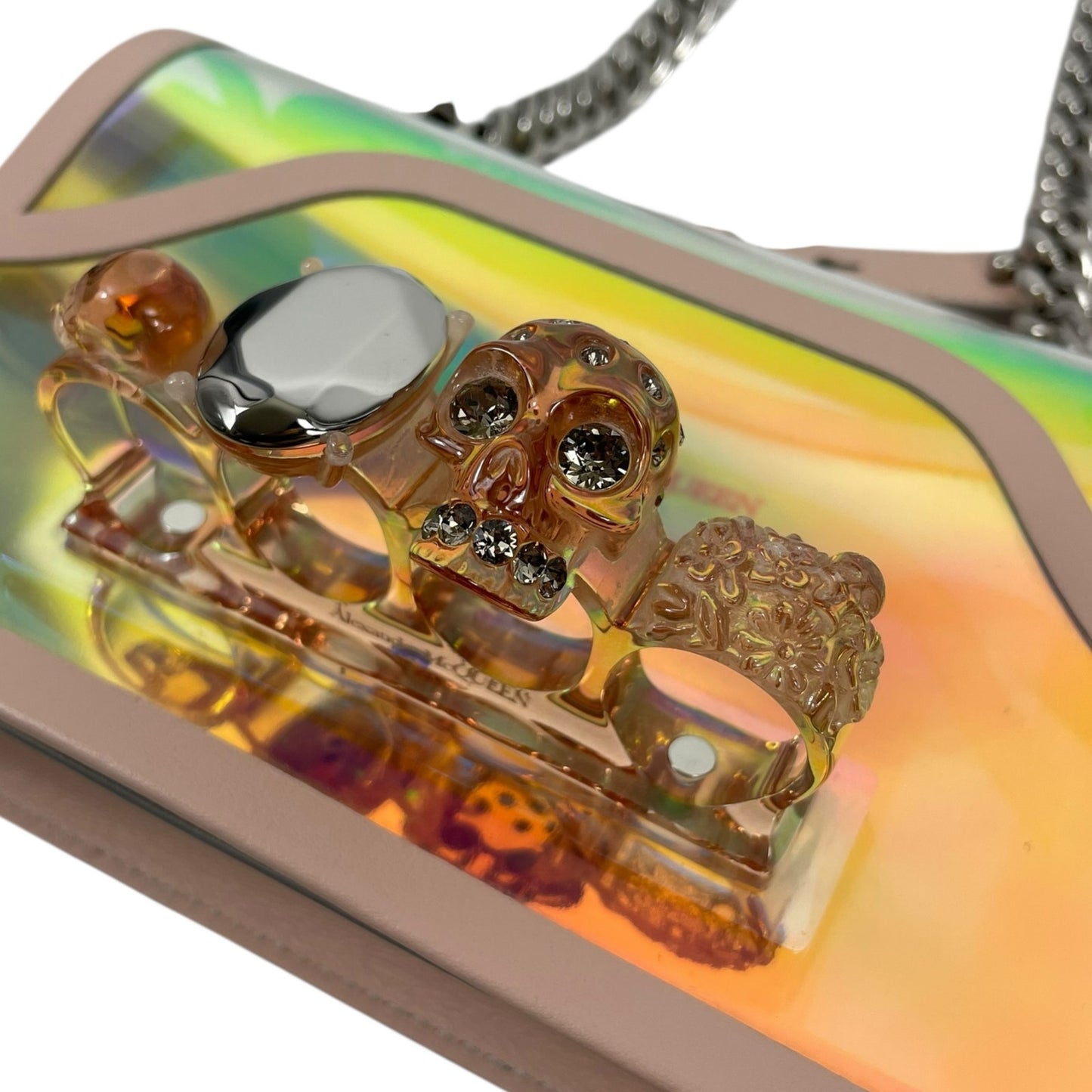 Alexander McQueen Mini Jewelled Crossbody Bag Holographic Pink PVC Leather