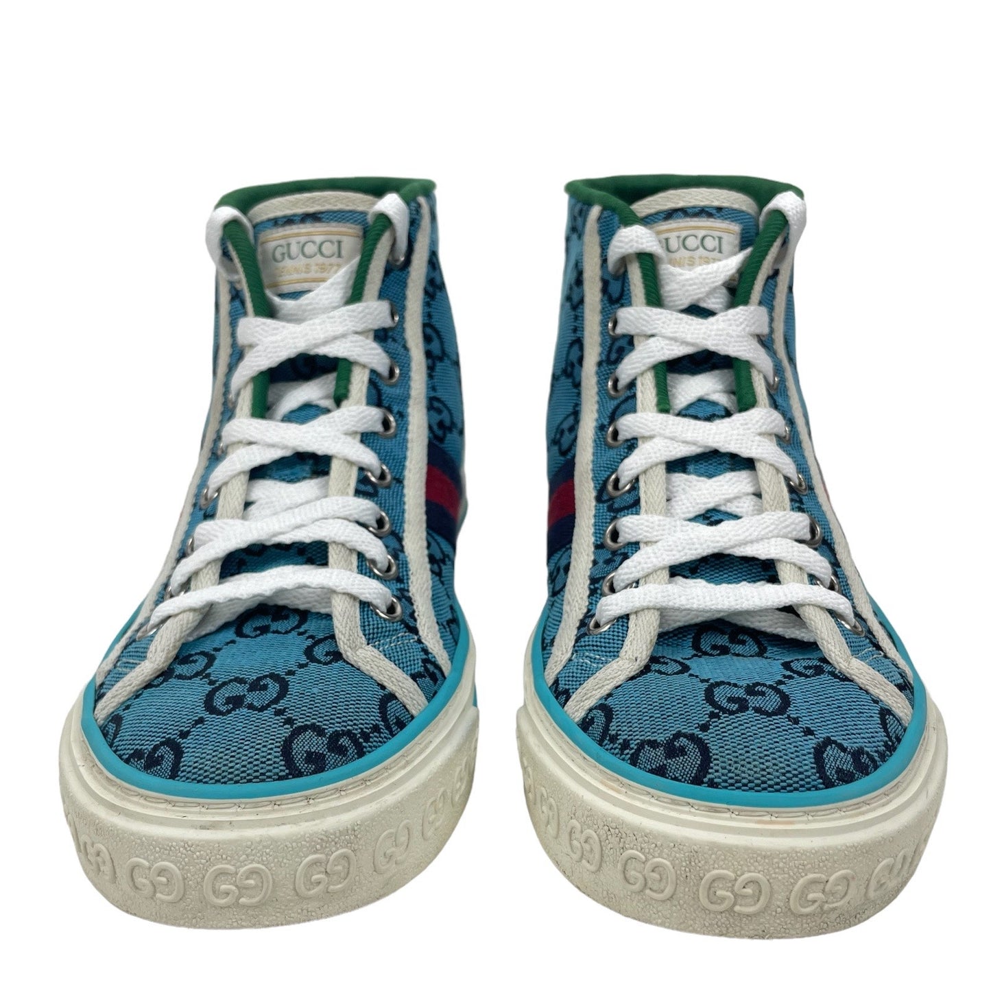 Gucci Tennis 1977 High Top Sneakers Turquoise Navy Logo Monogram Size 37