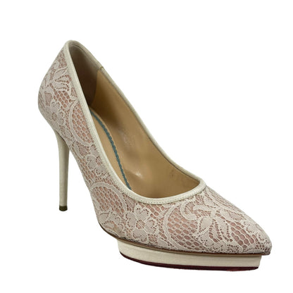 Charlotte Olympia Cream Lace Monroe Pointed Toe Pumps Bridal Shoes Size 37.5