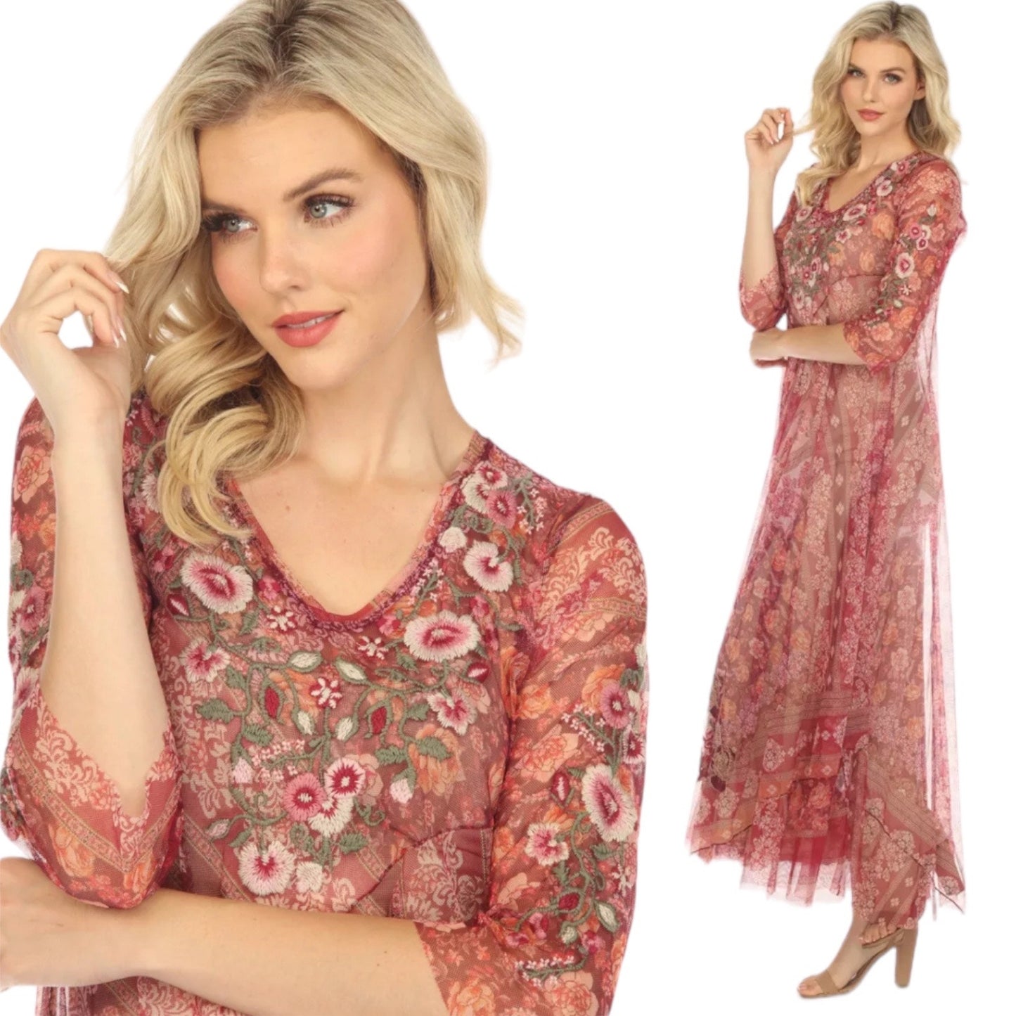 Johnny Was BIYA Cardinal Mesh Maxi Dress Floral Embroidery Red Size XL