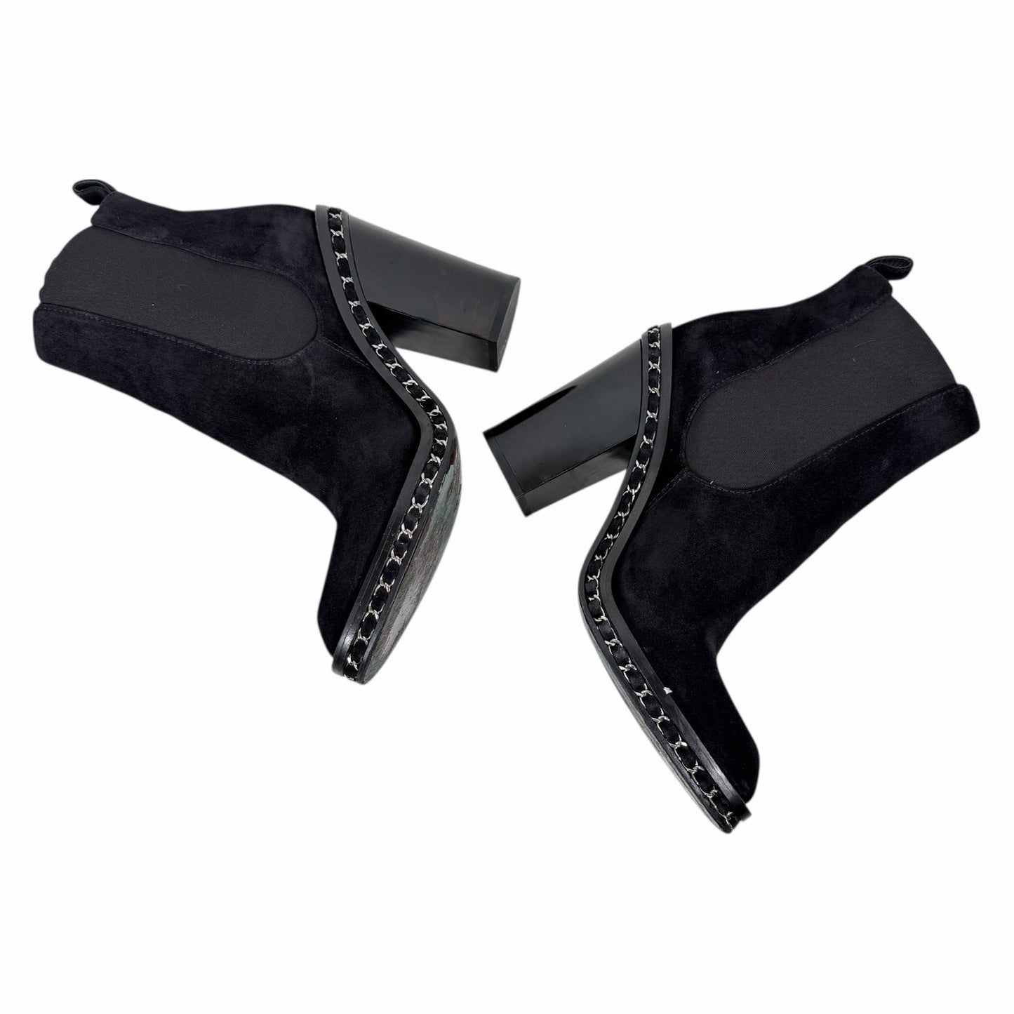 Chanel Interlocking CC Logo Heel Chain Suede Ankle Boots Black Size 40