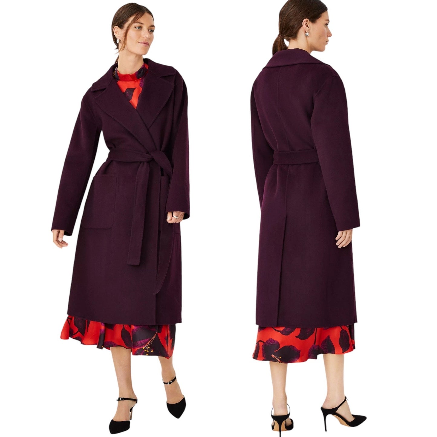 Ann Taylor Doubleface Belted Blanket Coat Waist Tie Vineyard Grape Size LP