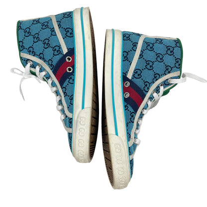 Gucci Tennis 1977 High Top Sneakers Turquoise Navy Logo Monogram Size 37