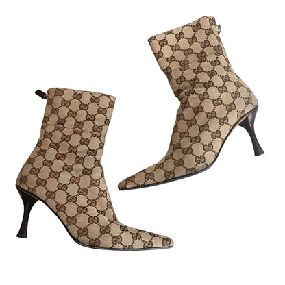 Gucci Brown Beige GG Monogram Ankle Boots Pointed Toe Size 36C