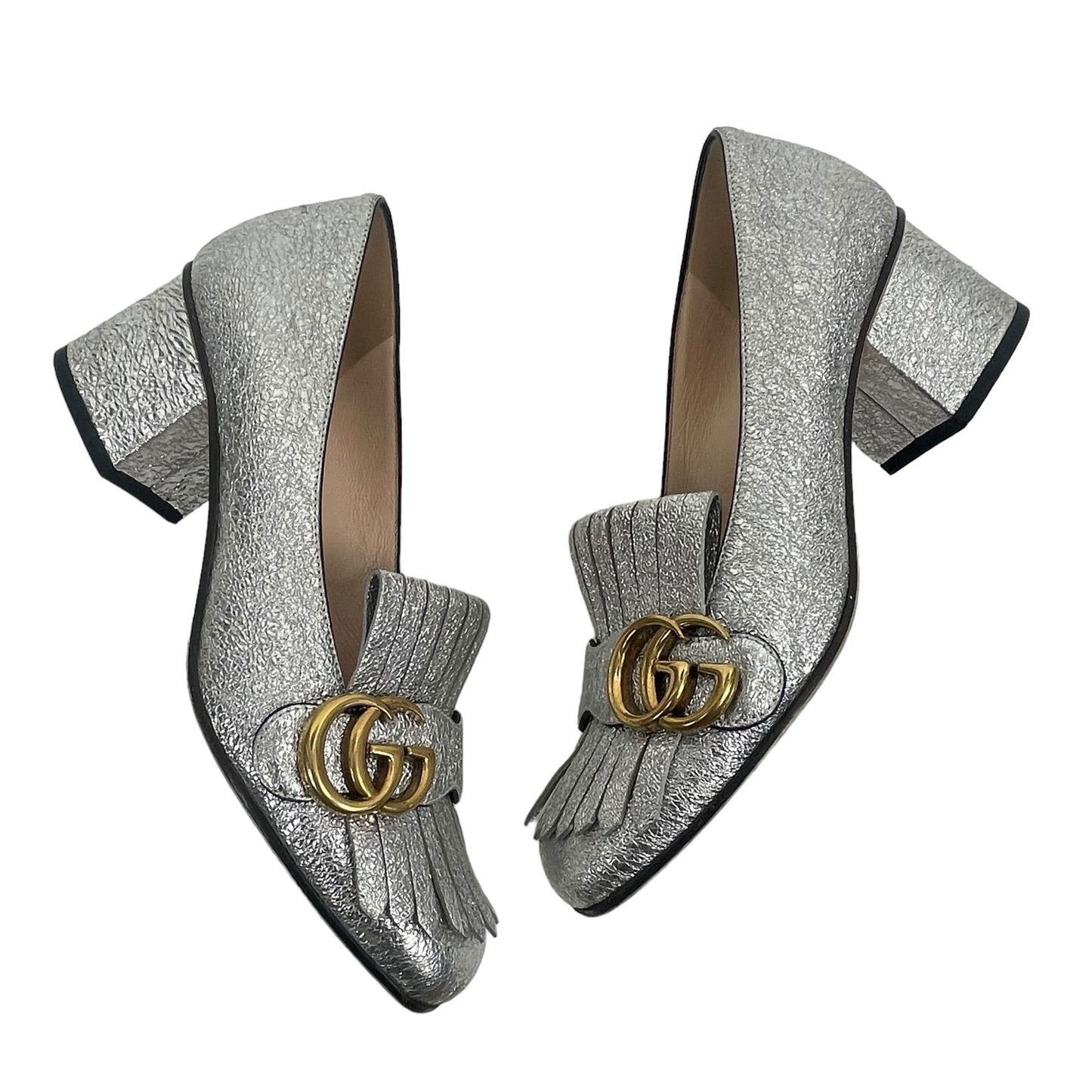 Gucci GG Marmont Pumps Silver Foil Kiltie Logo Low Block Heel Size 36