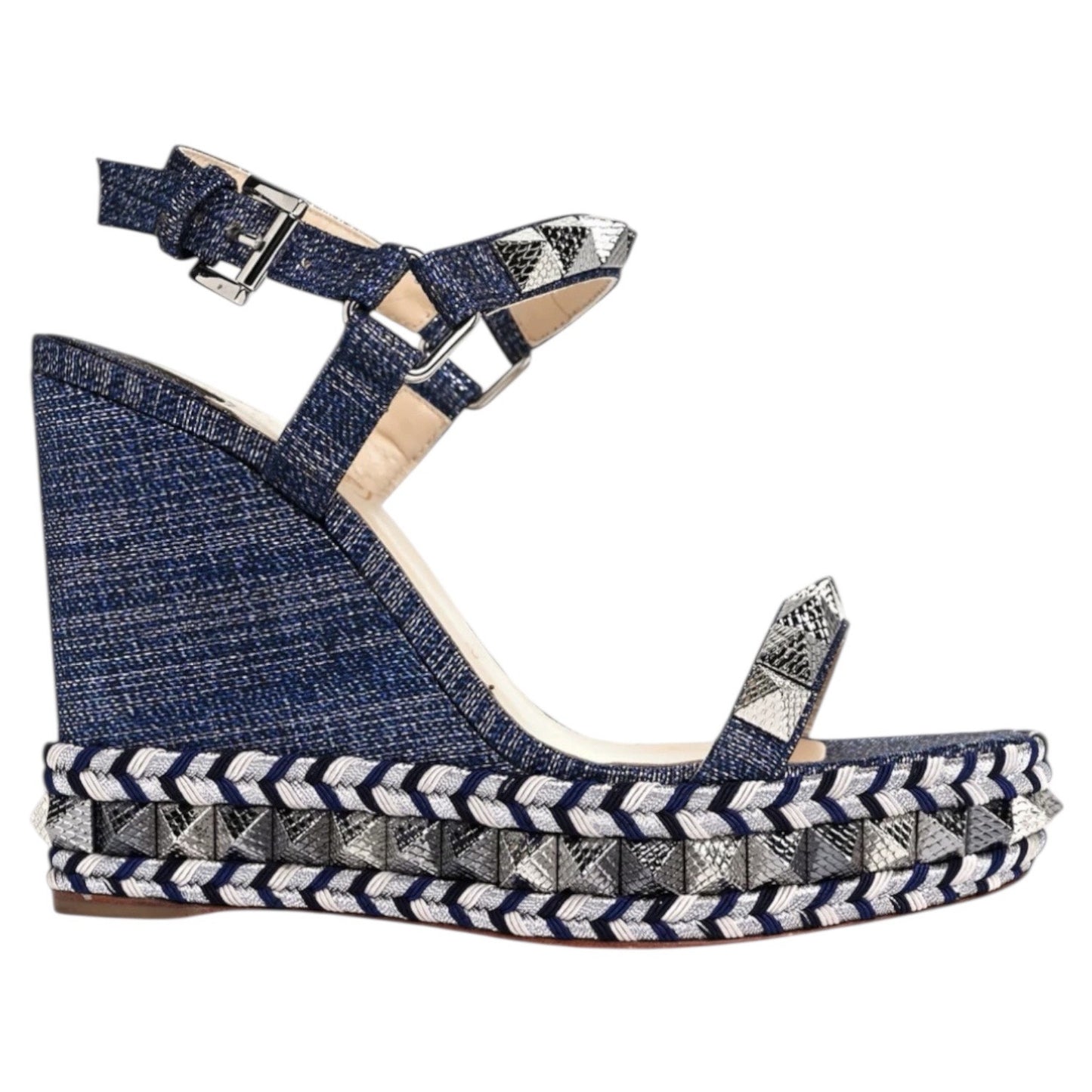 Christian Louboutin Lame Lux Pyraclou 110 Denim Wedge Sandal Blue Size 41