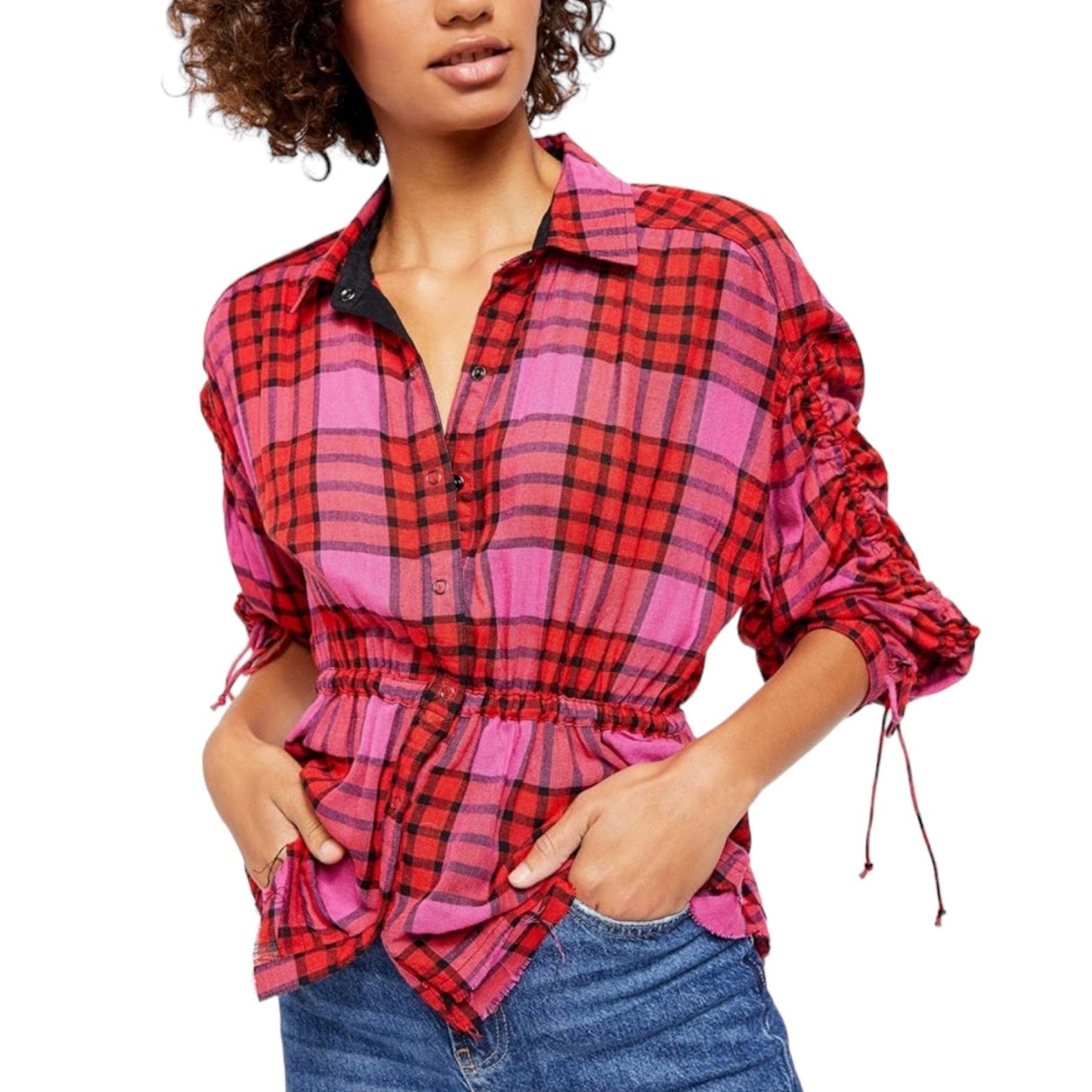 Free People Pacific Dawn Wool Plaid Shirt Red Pink Drawstring Size S