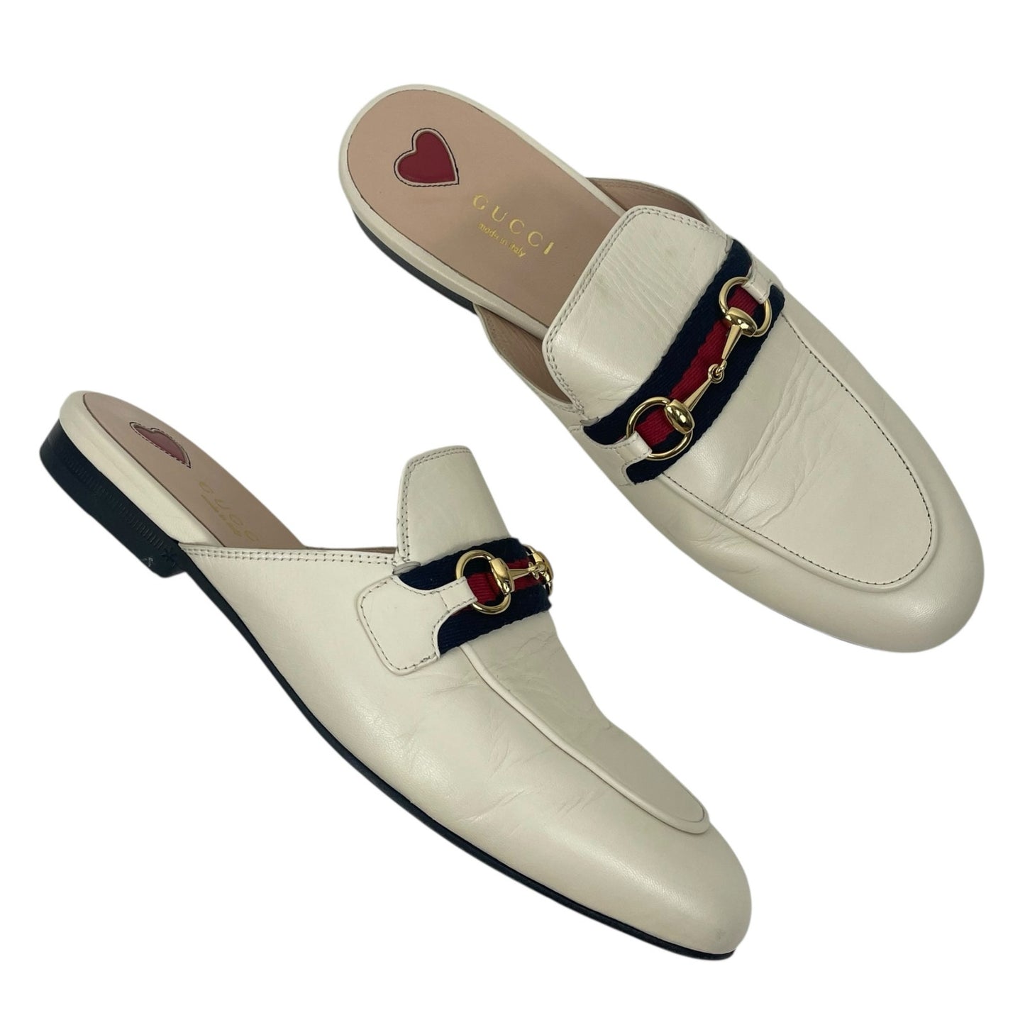 Gucci Princetown Web Leather Slide Mules Gold Horsebit White Size 38