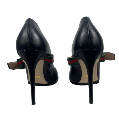 Gucci Malaga Kid Sylvie Mary Jane Web Pumps Black Leather Size 38.5