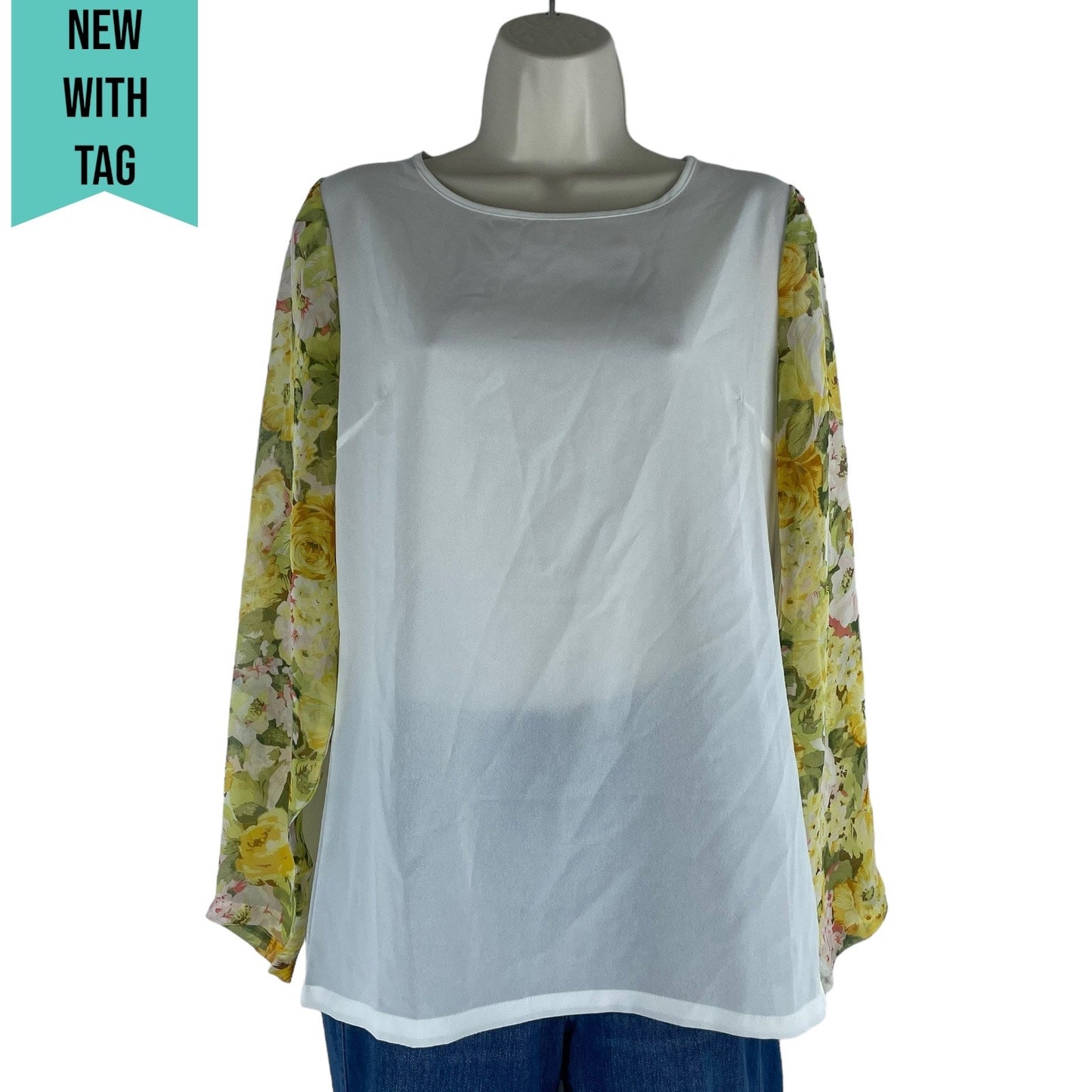 Lovers + Friends Floral Printed Long Sleeve Sheer Top White Yellow Size M