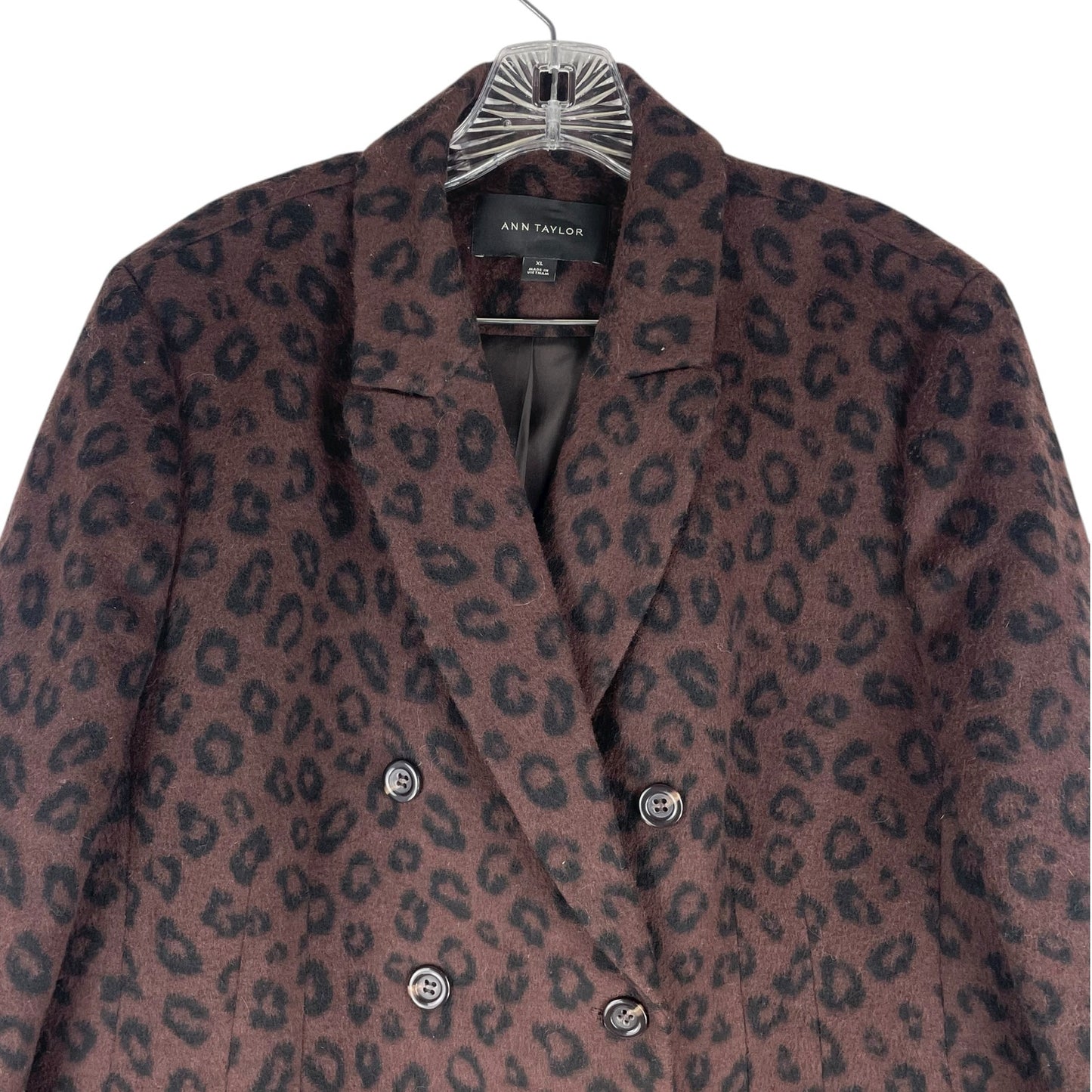 Ann Taylor Wool Blend Chesterfield Coat Brown Cheetah Print Size XL