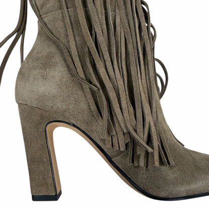 Dolce Vita Giano Fringed Knee High Heeled Boots Olive Suede Size 7.5