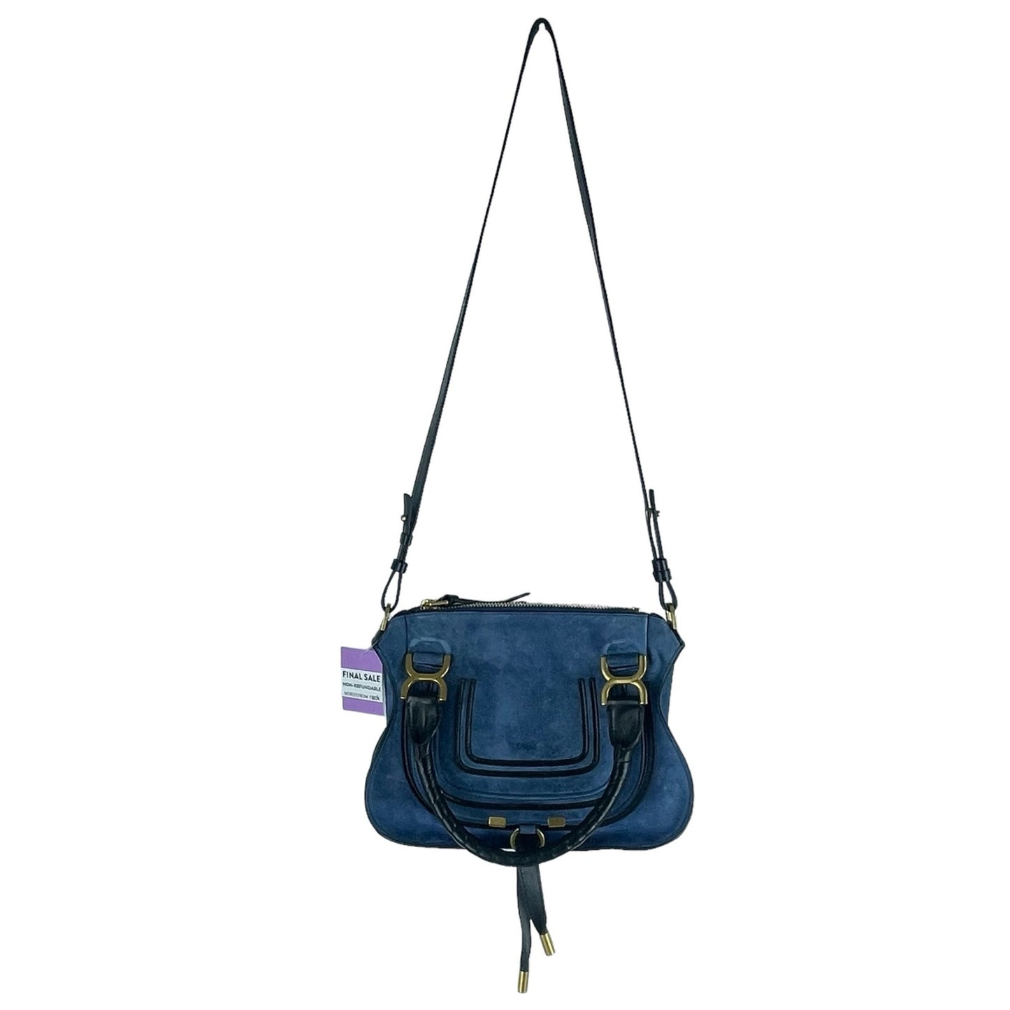 Chloe Small Marcie Double Carry Bag Satchel Suede Leather Trim Blue