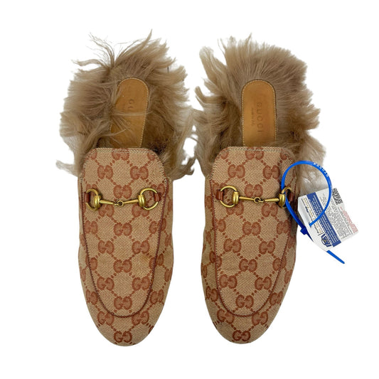 Gucci Princetown Fur Lined Mules Horsebit GG Monogram Natural Size 39.5