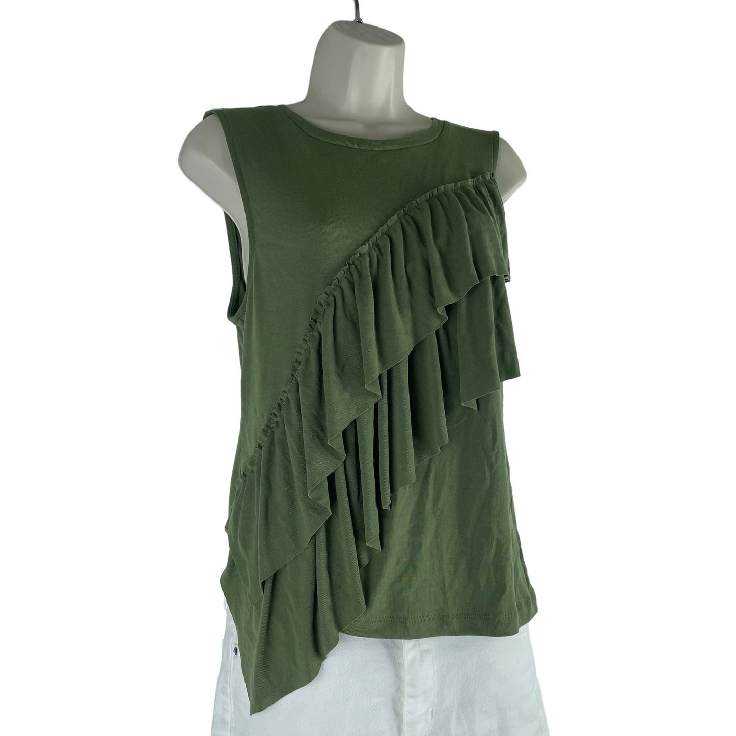 J. Crew Tiered Ruffle Drapey Crew Neck Tank Top Green Size M