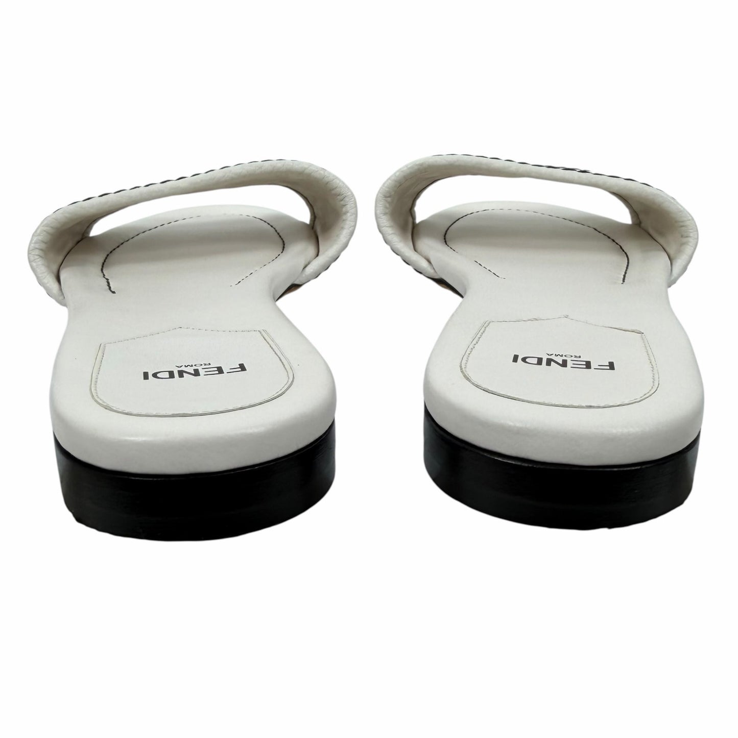 Fendi Rafia Weave Logo Leather Slide Sandal White Black Size 38.5