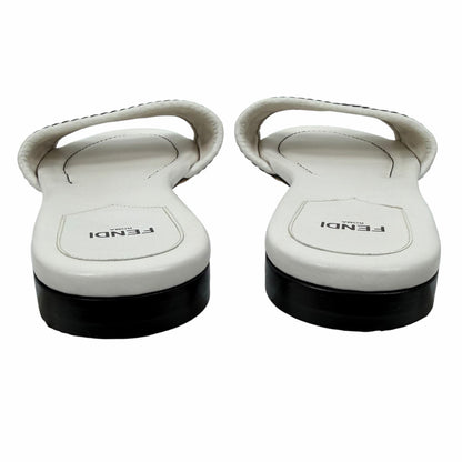 Fendi Rafia Weave Logo Leather Slide Sandal White Black Size 38.5