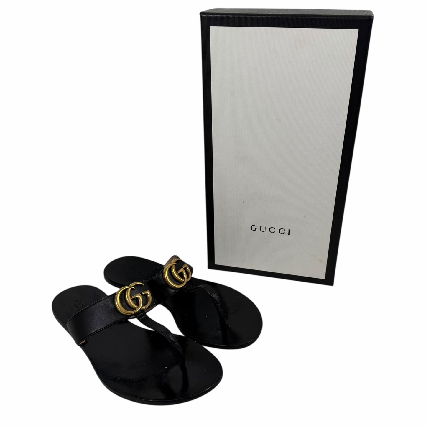 Gucci Black Leather Thong Sandal Gold Double G Logo Size 36.5