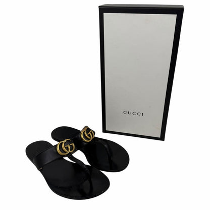 Gucci Black Leather Thong Sandal Gold Double G Logo Size 36.5