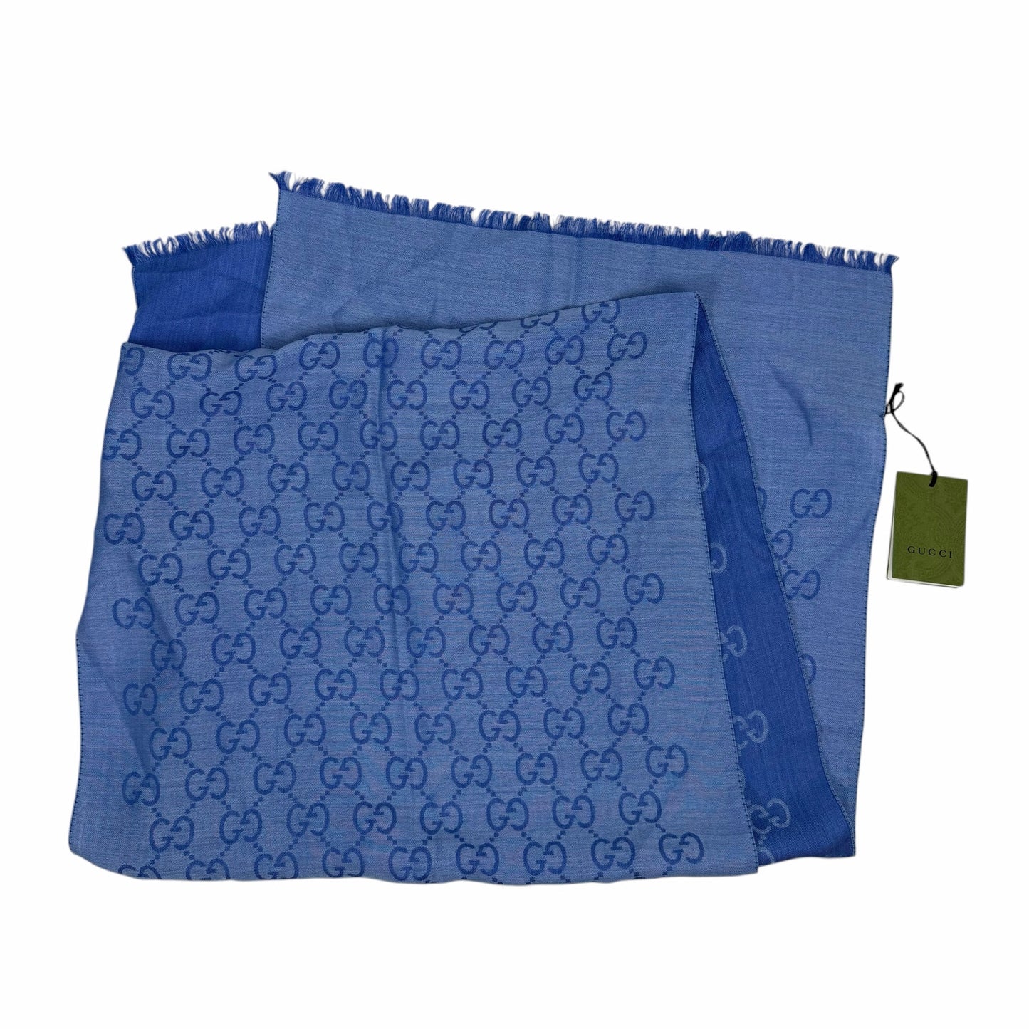 Gucci Wool Silk GG Monogram Light Jacquard Scarf Two Tone Blue